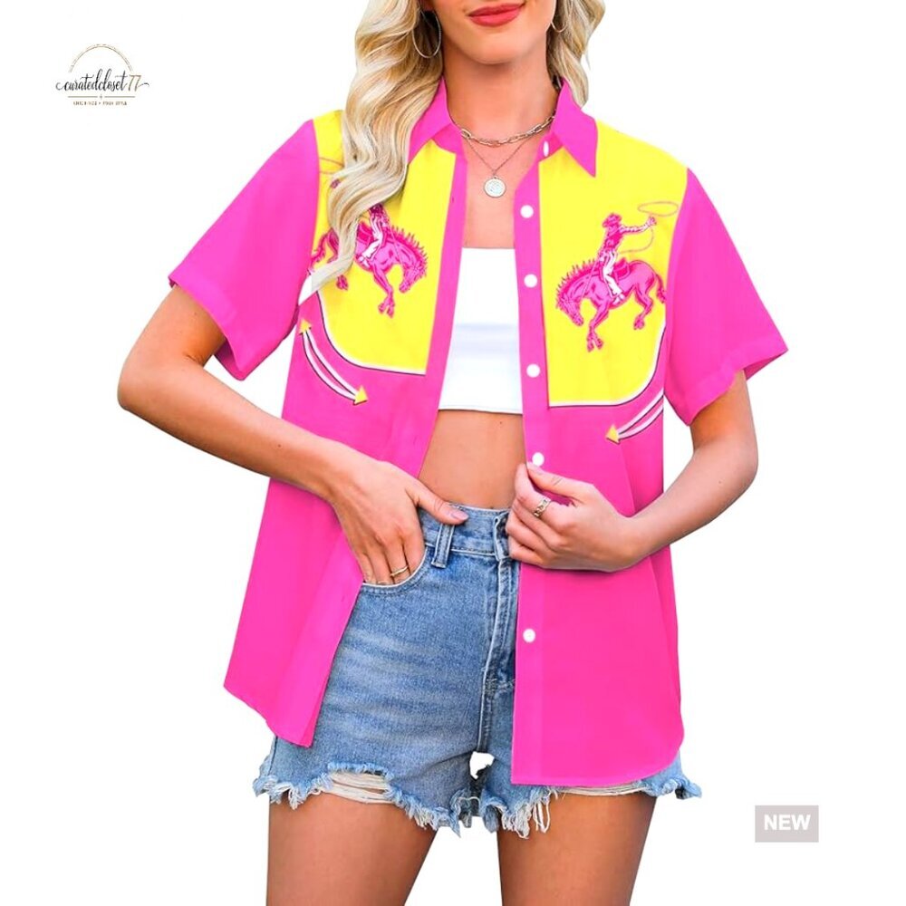 Western Cowgirl Button Down Shirt Short Sleeve Polyester Casual Top